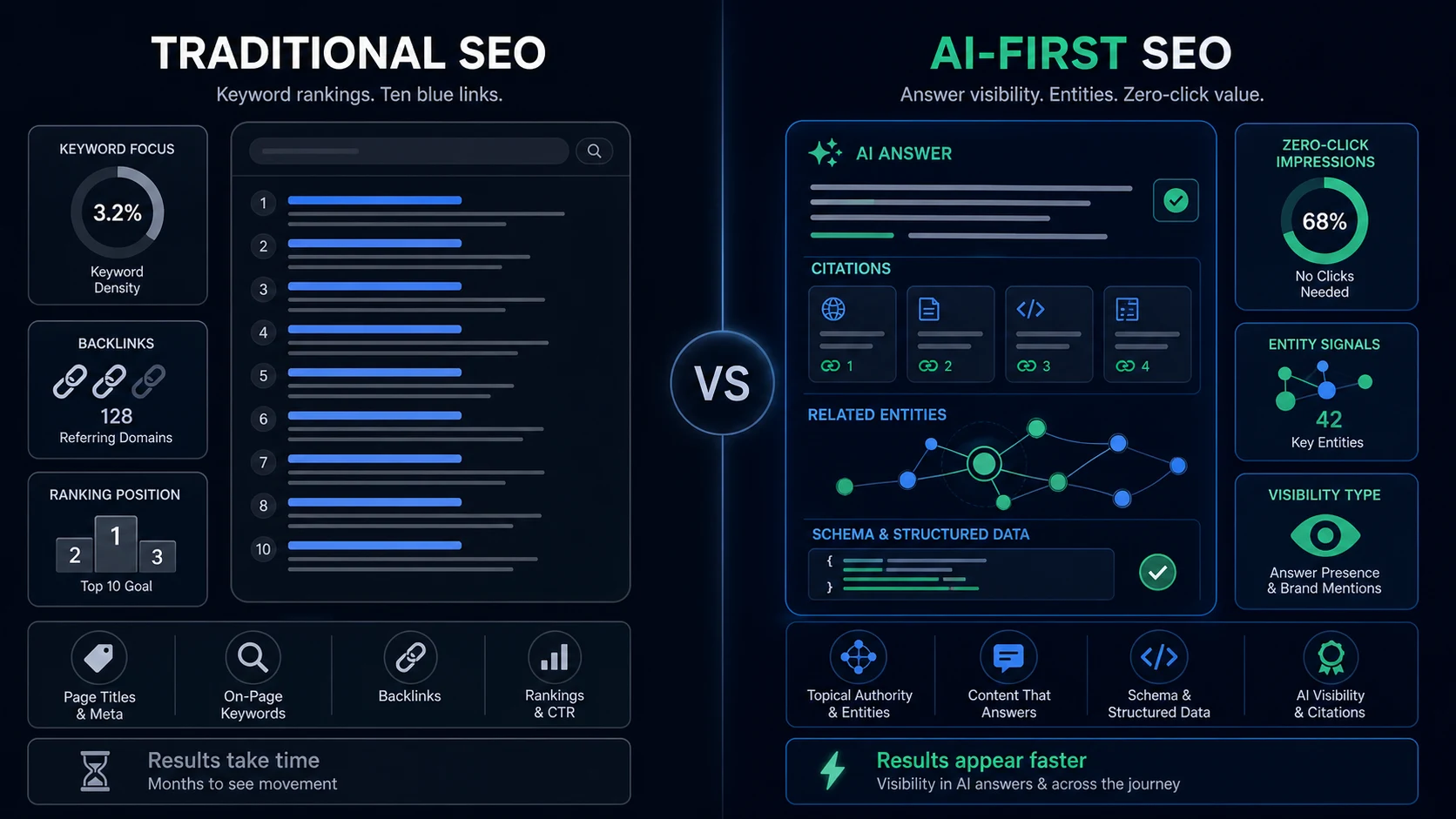 Side-by-side comparison of traditional SEO and AI-first SEO Side-by-side comparison of traditional SEO and AI-first SEO showing how ranking signals, success metrics, content formats and tooling have changed
