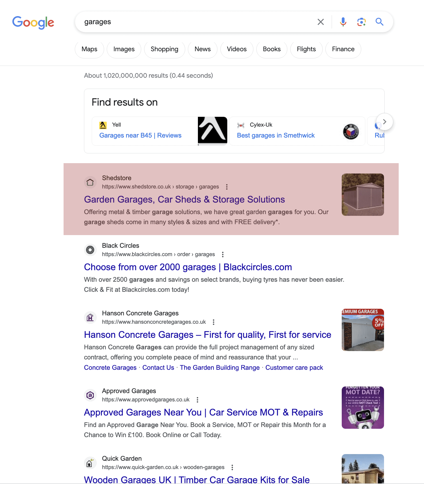 Technical SEO results — Google Page 1 ranking achieved for garages search term by Opace