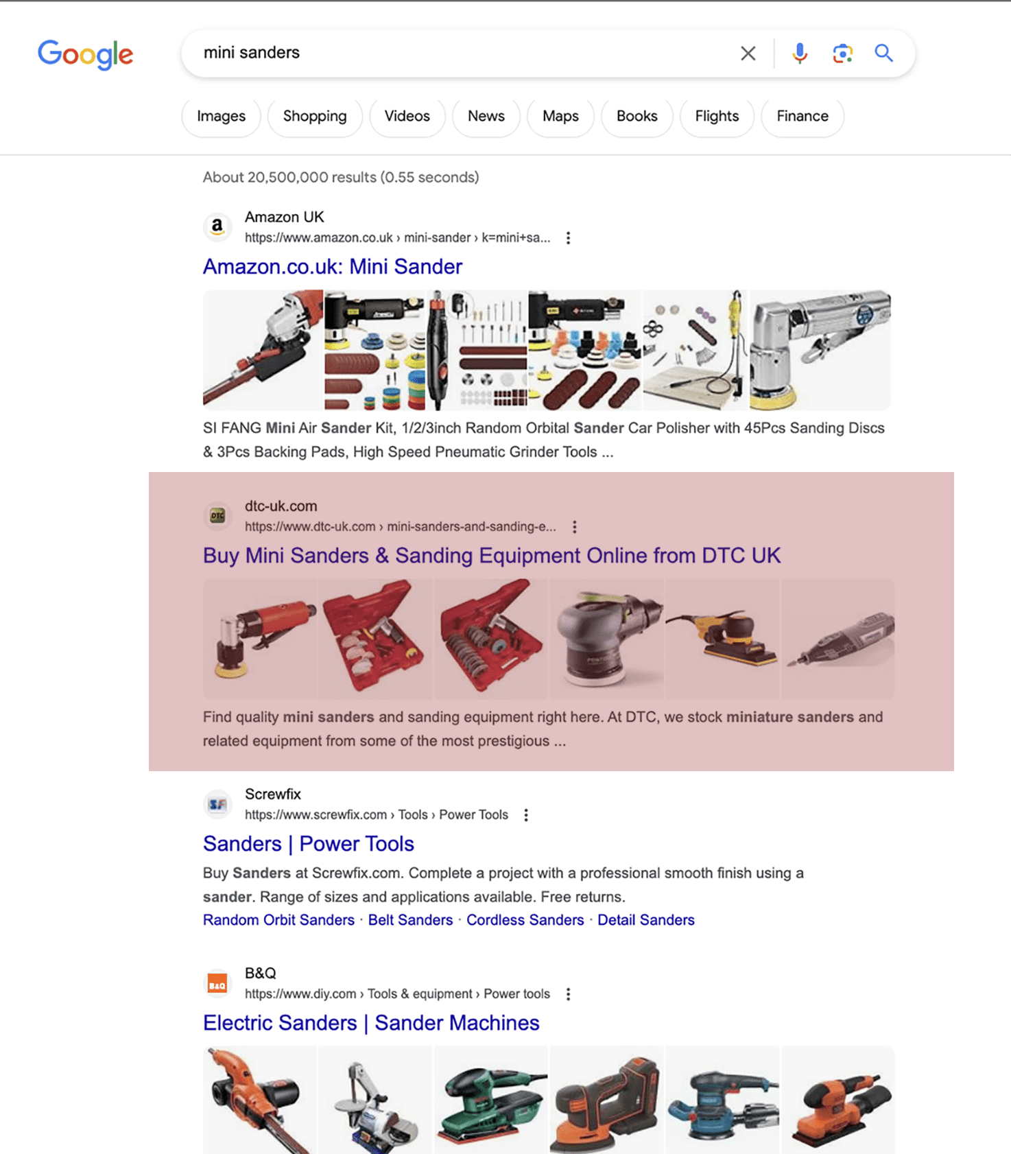 Technical SEO results — Google Page 1 ranking achieved for mini sanders search term by Opace