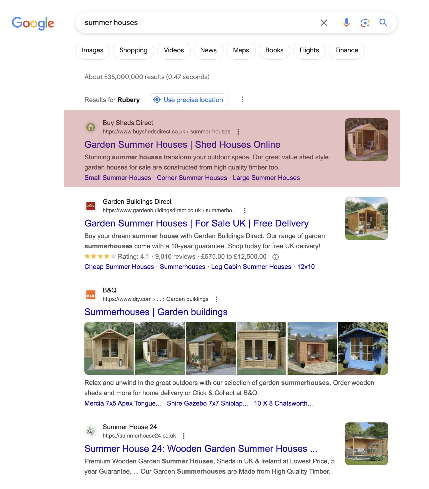 Technical SEO results — Google Page 1 ranking achieved for summer houses search term by Opace